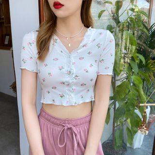 Button-down Floral Crop Top