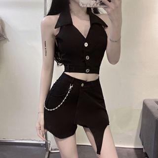 Set: Halter-neck Polo-neck Top + Skort + Pants Chain