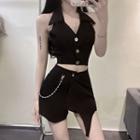 Set: Halter-neck Polo-neck Top + Skort + Pants Chain