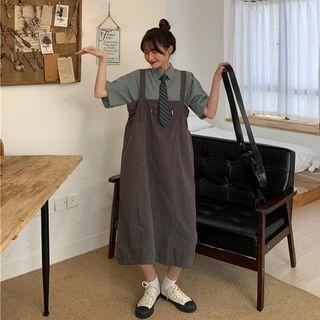Elbow-sleeve Plaid Shirt / A-line Midi Dungaree Dress