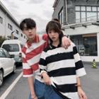 Couple Matching 3/4-sleeve Letter Striped Polo Shirt