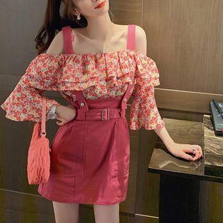 Set: Floral Cold-shoulder Blouse + Mini A-line Jumper Skirt