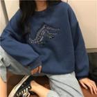 Embroidered Long-sleeve Loose-fit Sweatshirt Navy Blue - One Size