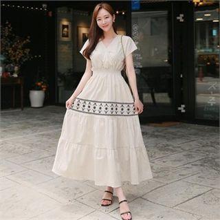Smocked-waist Embroidered Tiered Dress