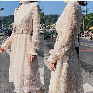 Long-sleeve A-line Lace Dress With Belt