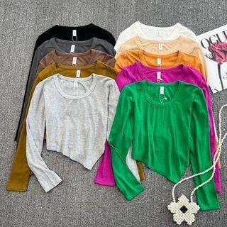 Long Sleeve Round Neck Asymmetrical Plain Top