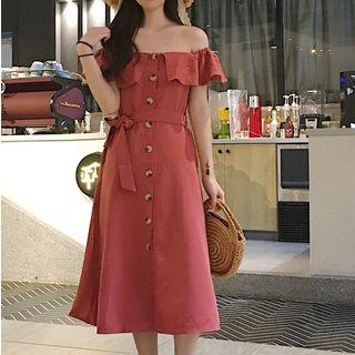 Short-sleeve Ruffled Buttoned A-line Midi Dress