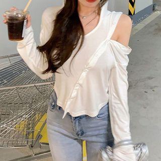 Long-sleeve V-neck Hooded Cutout Button-up T-shirt