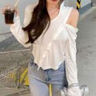 Long-sleeve V-neck Hooded Cutout Button-up T-shirt