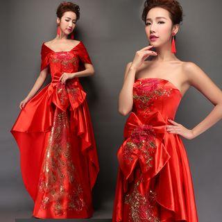 Wrapped Sleeve Embroidered Bow Accent Evening Dress
