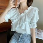 Puff-sleeve V-neck Plain Ruffle Trim Blouse