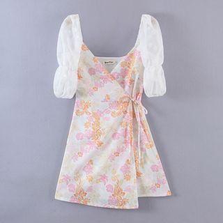 Puff-sleeve Panel Floral Mini A-line Dress