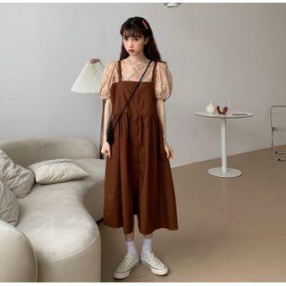 Set: Puff-sleeve Floral Print Top / A-line Midi Pinafore Dress