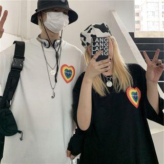 Elbow-sleeve Rainbow Heart Print T-shirt