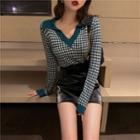 Long-sleeve Jacquard Knit Top Green - One Size