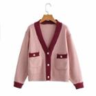 Color Block V-neck Knit Cardigan Red - One Size