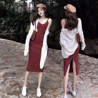 Buttoned Cardigan / Spaghetti Strap Knit Midi Bodycon Dress