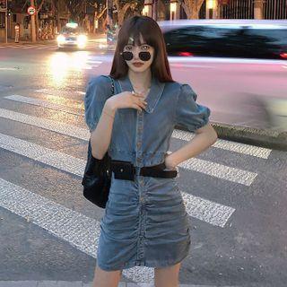 Short-sleeve Collared Mini Denim Sheath Dress
