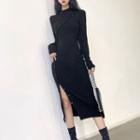 Long-sleeve Mock-turtleneck Plain Irregular Button Shaping Dress