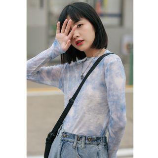 Long-sleeve Tie-dyed T-shirt Blue - One Size