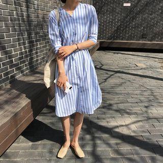 V-neck Striped Shirt Dress
