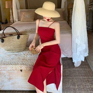Lantern-sleeve Long Light Shirt / Spaghetti Strap Midi Sheath Dress