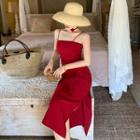 Lantern-sleeve Long Light Shirt / Spaghetti Strap Midi Sheath Dress