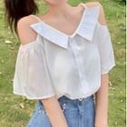 Cold-shoulder Elbow-sleeve Shirt White - One Size