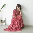 Wrap-front Floral Long Flare Dress