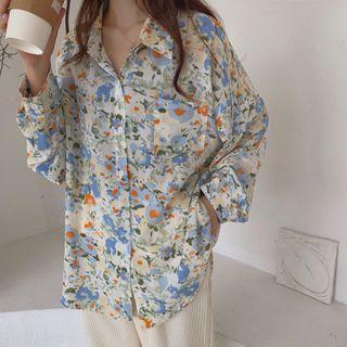 Floral Print Shirt Blue & Orange - One Size