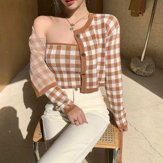 Set: Gingham Knit Tube Top + Cardigan