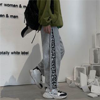 Leopard Print Panel Straight Leg Sweatpants