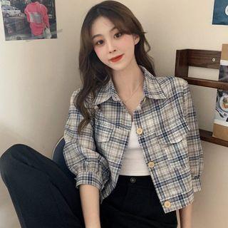 Elbow-sleeve Plaid Cropped Shirt Jacket
