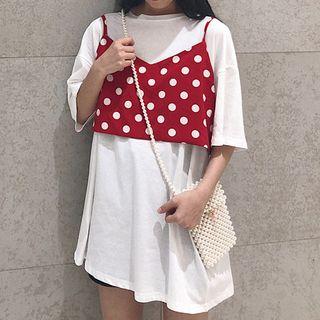Set: Elbow-sleeve T-shirt + Dotted Spaghetti Strap Top