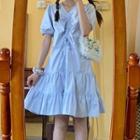 Short-sleeve Plain Ruffled Dress Light Blue - One Size