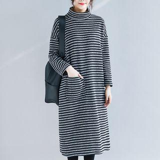 Long-sleeve Striped Mock Neck Midi Dress As Shown In Figure - One Size