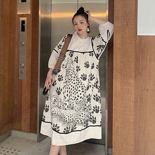 Leopard Print Balloon-sleeve A-line Dress