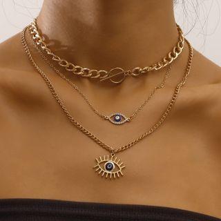 Evil Eye Rhinestone Pendant Layered Alloy Necklace 1 Pc - Gold - One Size