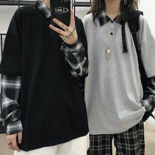 Couple Matching Mock Two-piece Long-sleeve Plaid Trim Polo Shirt