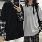 Couple Matching Mock Two-piece Long-sleeve Plaid Trim Polo Shirt