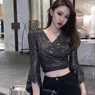 Bell-sleeve Glitter Crop Top