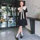 Elbow-sleeve Collar Accordion Pleat Mini A-line Dress