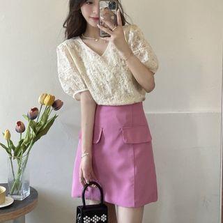 Short-sleeve Lace Top / Mini Pencil Skirt