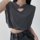 Cropped Cut-out Heart Padded Shoulder Sleeveless Top