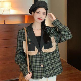 Long-sleeve Contrast Collar Plaid Blazer Green - One Size