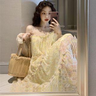 Bell-sleeve Light Jacket / Spaghetti Strap Midi Floral Dress