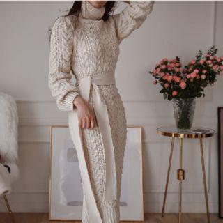 Turtleneck Cable Knit Midi Bodycon Dress