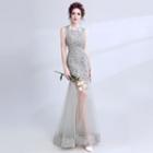 Mesh Panel Sleeveless Mermaid Evening Dress