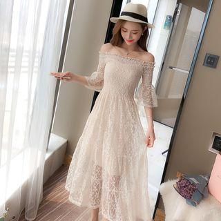 Off Shoulder 3/4 Sleeve Midi Lace Dress