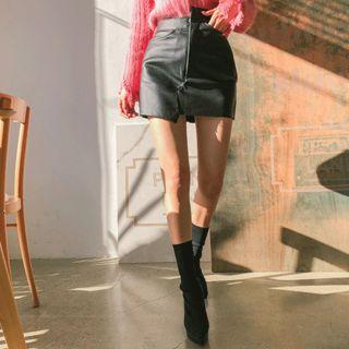 Zip-front Coated Asymmetric Miniskirt